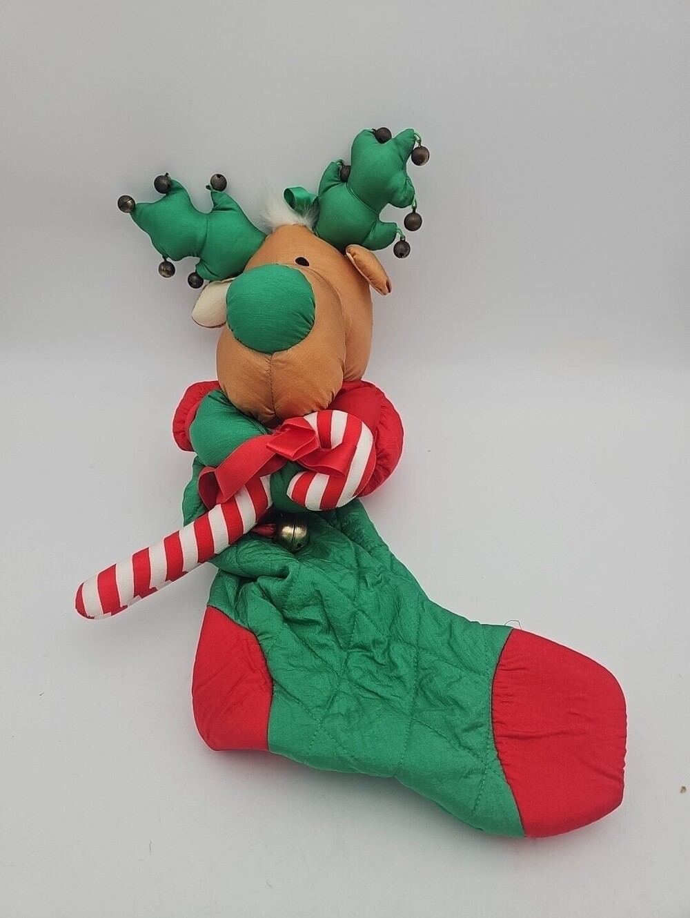 Vtg Reindeer Christmas Stocking, Jingle Bells on Antlers Puffy Nylon Candy Cane
